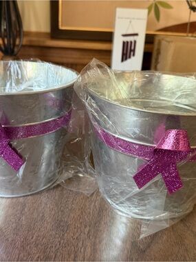 Silver Buckets with Pink Glitter Ribbon